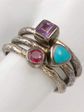 Vintage Gemstone Sterling Silver Stackable Ring Set by Janice Girardi Size 7